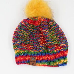 Handmade Hand Knit Double Moss Stitch Multicolur Acrylic Beanie Yellow Pom Pom